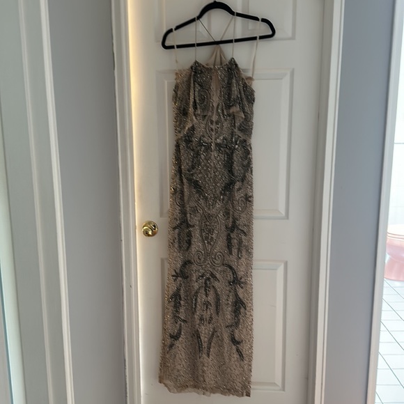 Worn 1 time-beige & gold beaded off the shoulder gown-smoke feee home - Picture 2 of 3